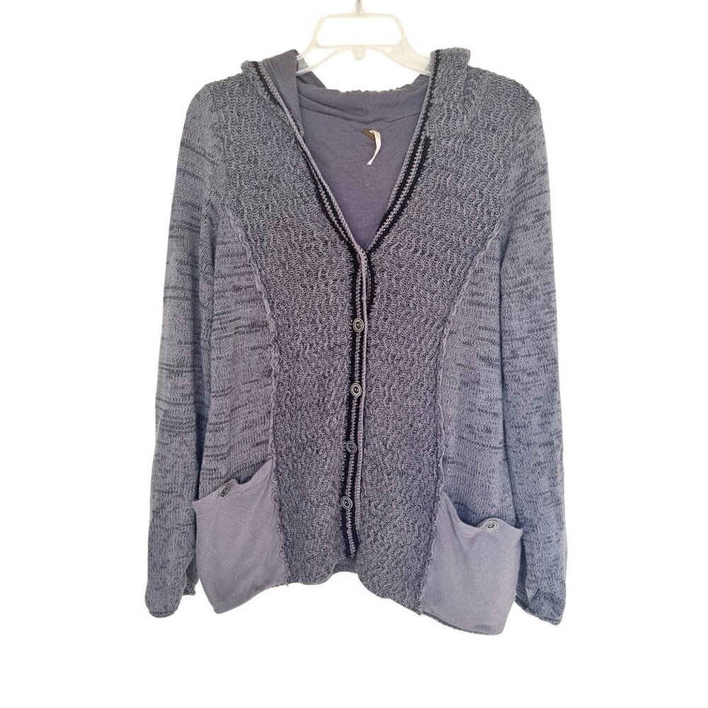 Free People Gray Textured Knit Button-Up Cardigan With Hood & Pockets Womens L